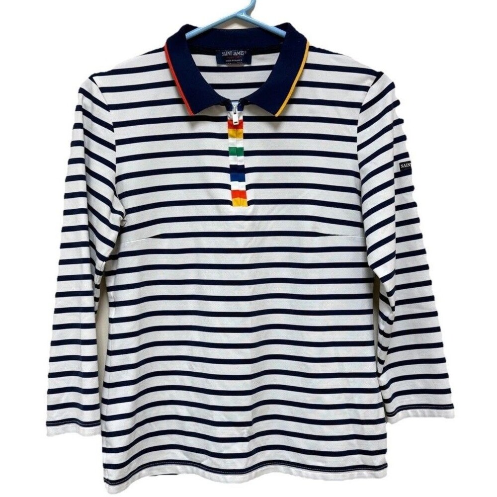 Saint James 1/4 Zip Top Navy Blue Polo Stripe Shirt 3/4 Sleeve France SZ 6